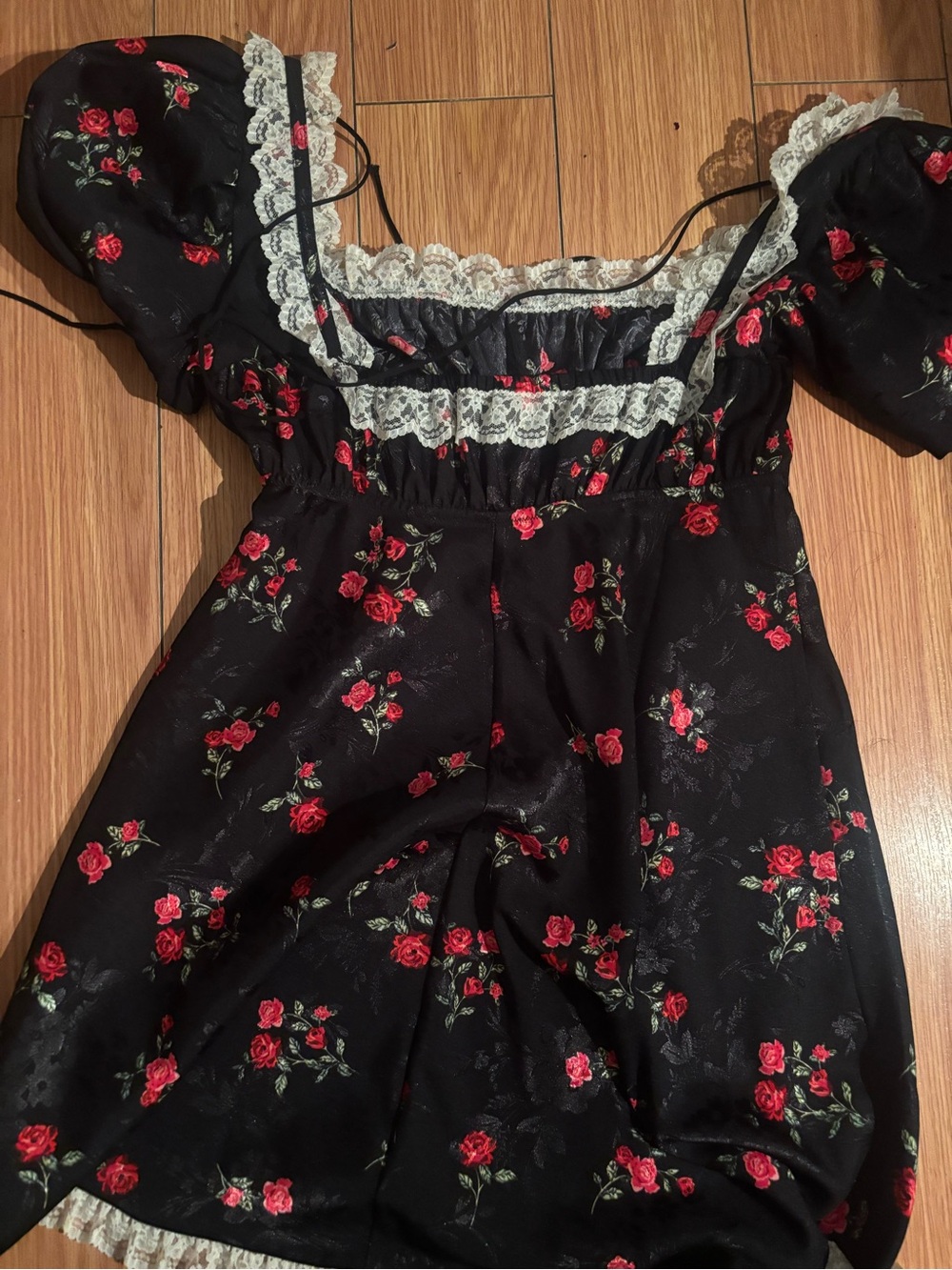 For Love And Lemons Black Dress with Red Rose Print and White Lace Trim - Picture 2 of 4